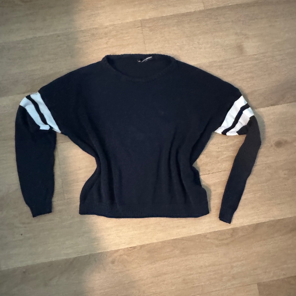 Brandy Melville Black Crewneck Sweater with White Sleeve Stripes
